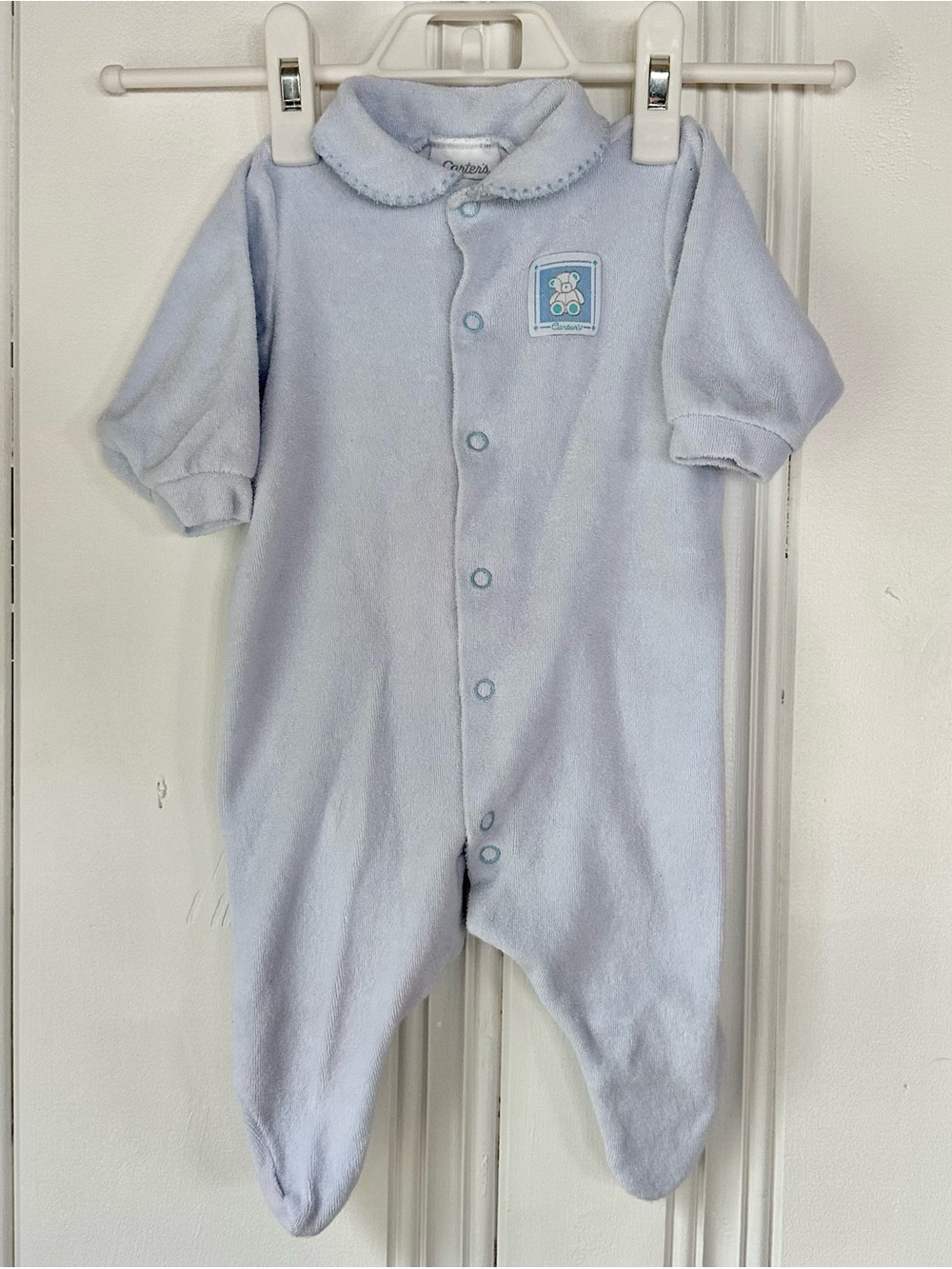 VTG Carter's Light Blue Plush Footed One-Piece with Teddy Patch 0-3M